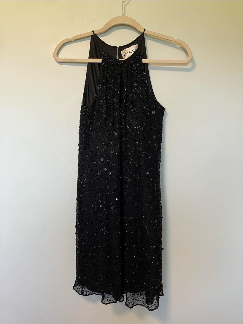 Nina Austin Vintage 100% silk sequin Black Beaded Halter Dress